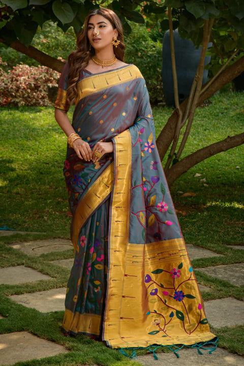 VastraLakshmi Alluring Grey Paithani Silk Saree With Dazzling Blouse Piece