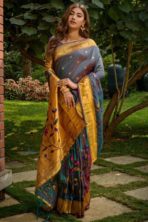 VastraLakshmi Alluring Grey Paithani Silk Saree With Dazzling Blouse Piece