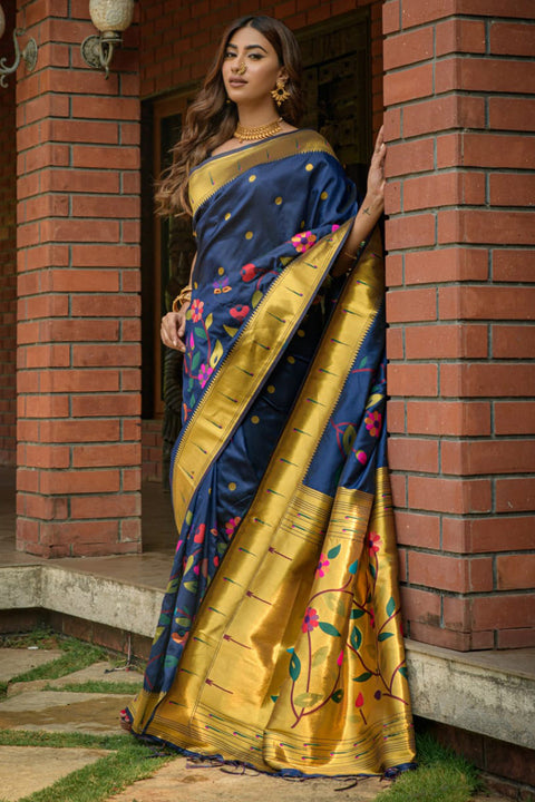 VastraLakshmi Invaluable Navy Blue Paithani Silk Saree With Girlish Blouse Piece