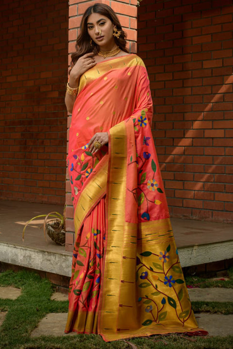 VastraLakshmi Outstanding Peach Paithani Silk Saree With Eye-catching Blouse Piece