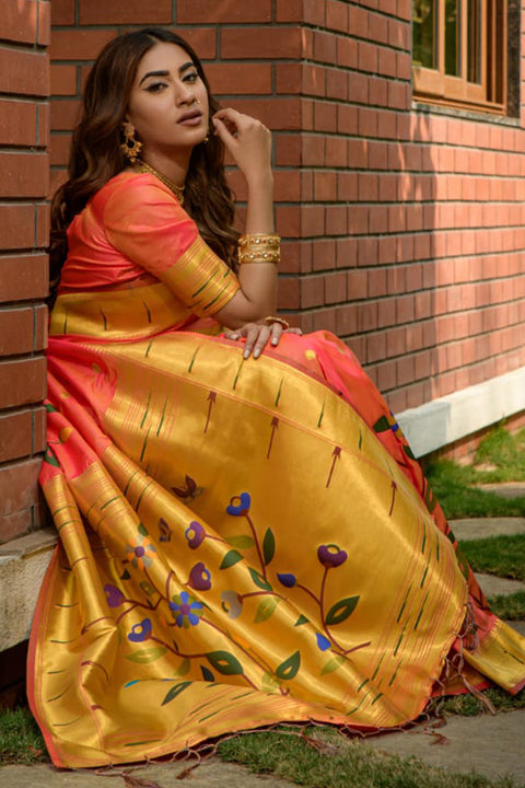 VastraLakshmi Outstanding Peach Paithani Silk Saree With Eye-catching Blouse Piece