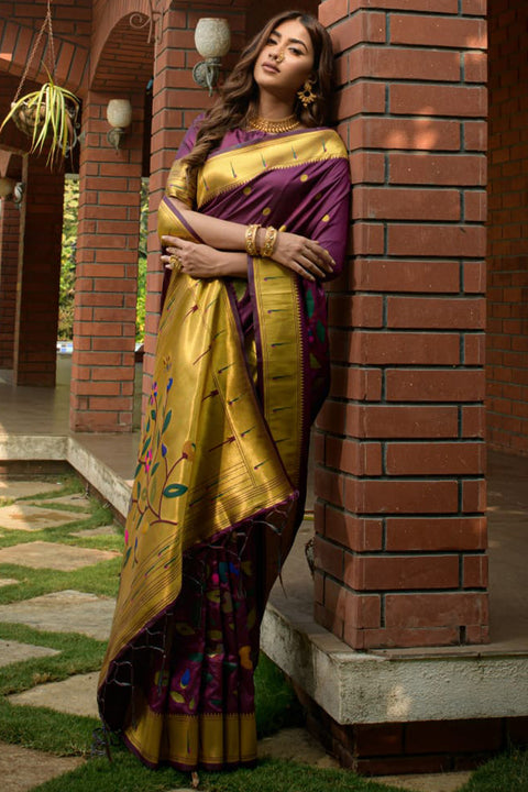 VastraLakshmi Desiring Wine Paithani Silk Saree With Appealing Blouse Piece