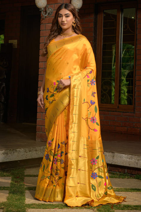 VastraLakshmi Ethnic Yellow Paithani Silk Saree With Breathtaking Blouse Piece