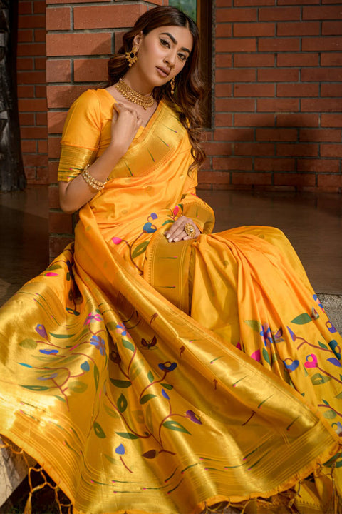 VastraLakshmi Ethnic Yellow Paithani Silk Saree With Breathtaking Blouse Piece