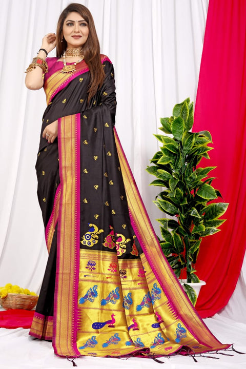 VastraLakshmi Desirable Black Pure Paithani Silk Saree With Splendorous Blouse Piece