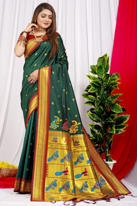 VastraLakshmi Adoring Dark Green Pure Paithani Silk Saree With Splendorous Blouse Piece