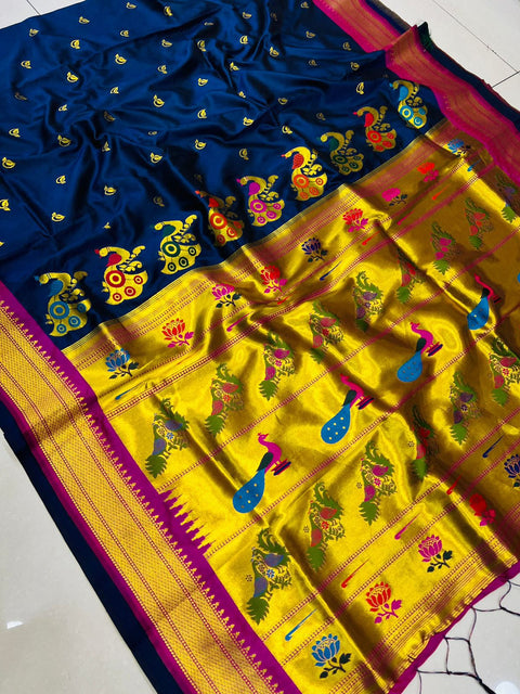 VastraLakshmi Ailurophile Navy Blue Pure Paithani Silk Saree With Splendorous Blouse Piece