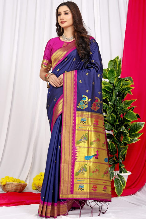 VastraLakshmi Ailurophile Navy Blue Pure Paithani Silk Saree With Splendorous Blouse Piece