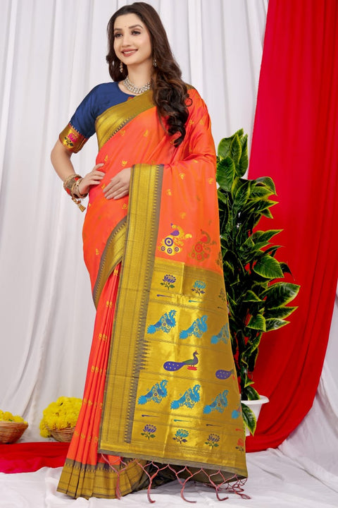 VastraLakshmi Desuetude Peach Pure Paithani Silk Saree With Splendorous Blouse Piece