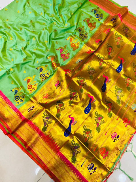 VastraLakshmi Ebullience Pista Pure Paithani Silk Saree With Splendorous Blouse Piece