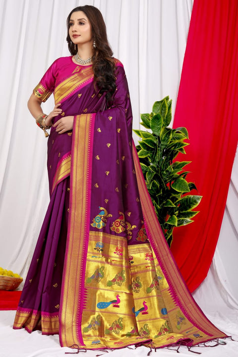 VastraLakshmi Scintilla Wine Pure Paithani Silk Saree With Splendorous Blouse Piece