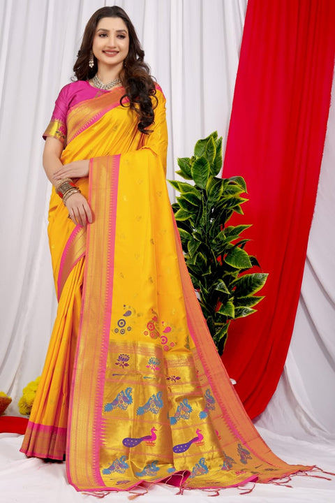 VastraLakshmi Susurrous Yellow Pure Paithani Silk Saree With Splendorous Blouse Piece