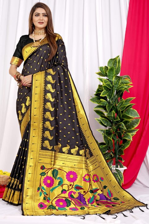 VastraLakshmi Beauteous Black Pure Paithani Silk Saree With Jazzy Blouse Piece