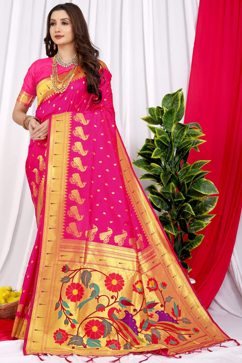 VastraLakshmi Ebullience Dark Pink Pure Paithani Silk Saree With Jazzy Blouse Piece