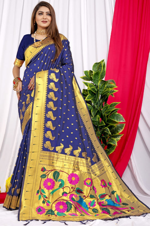 VastraLakshmi Evocative Navy Blue Pure Paithani Silk Saree With Jazzy Blouse Piece