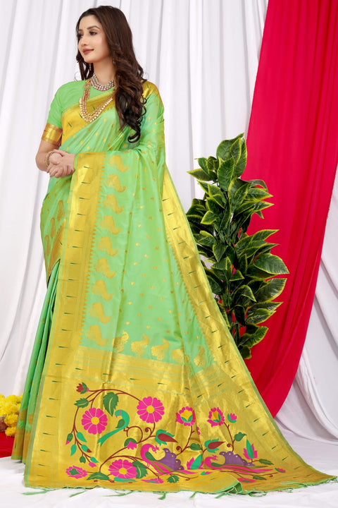 VastraLakshmi Murmurous Pista Pure Paithani Silk Saree With Jazzy Blouse Piece