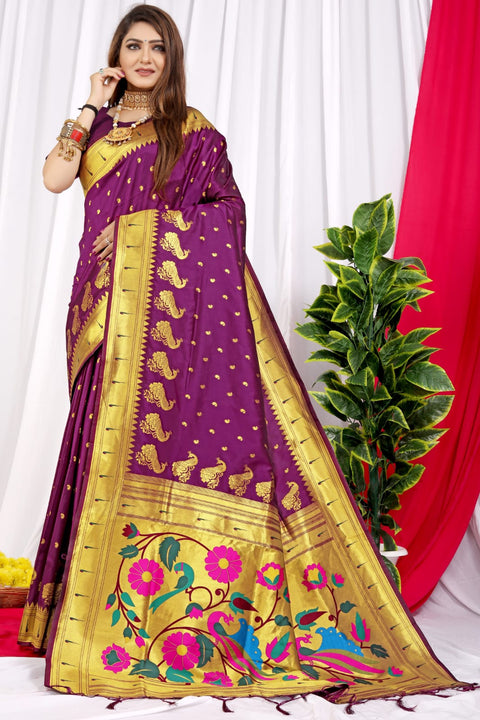 VastraLakshmi Staggering Purple Pure Paithani Silk Saree With Jazzy Blouse Piece