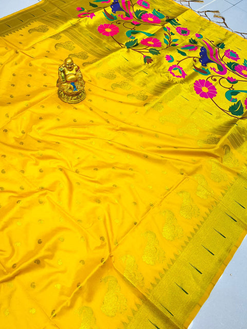 VastraLakshmi Unequalled Yellow Pure Paithani Silk Saree With Jazzy Blouse Piece