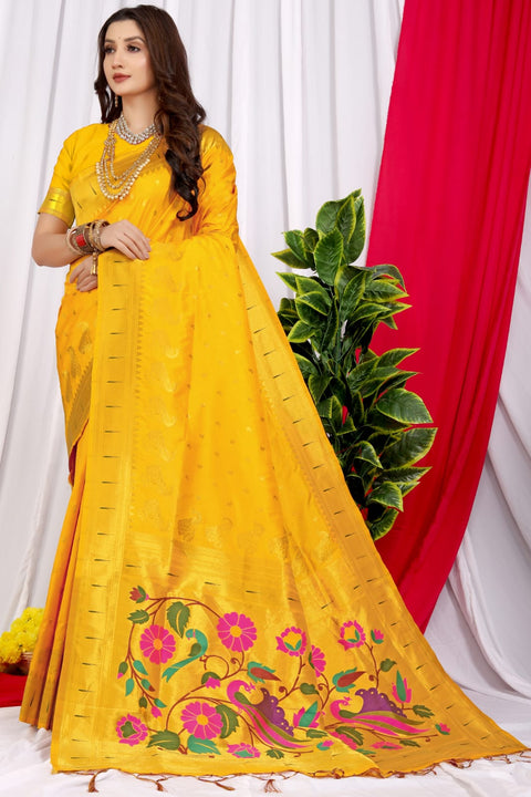 VastraLakshmi Unequalled Yellow Pure Paithani Silk Saree With Jazzy Blouse Piece