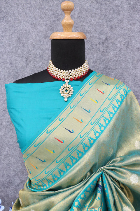 VastraLakshmi Amazing Firozi Paithani Silk Saree With Alluring Blouse Piece