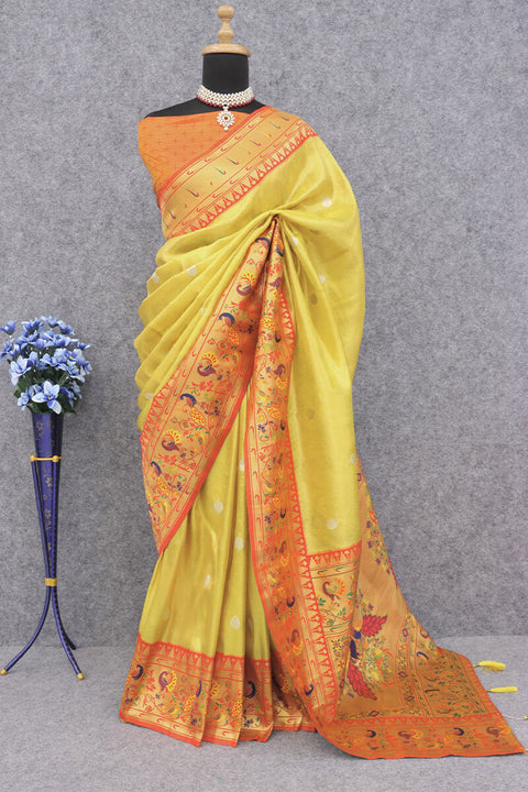 VastraLakshmi Jazzy Yellow Paithani Silk Saree With Opulent Blouse Piece