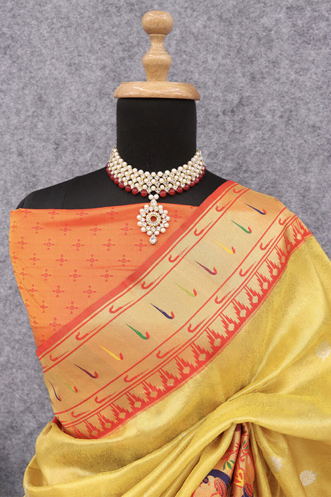 VastraLakshmi Jazzy Yellow Paithani Silk Saree With Opulent Blouse Piece