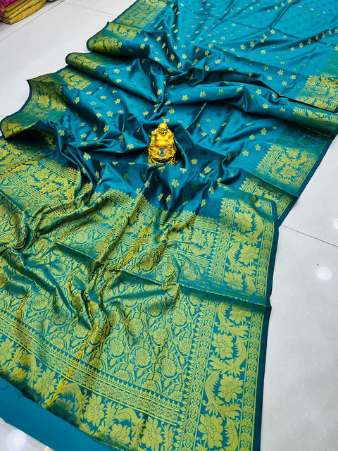 VastraLakshmi Magnetic Firozi Soft Banarasi Silk Saree With Enchanting Blouse Piece