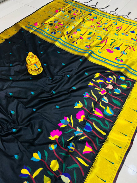 VastraLakshmi Unique Black Paithani Silk With Woebegone Blouse Piece