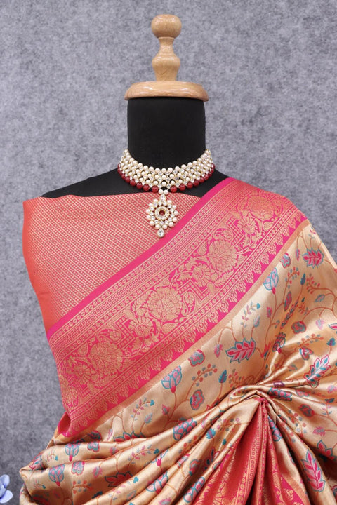 VastraLakshmi Efflorescence Beige Kanjivaram Silk Saree With Twirling Blouse Piece