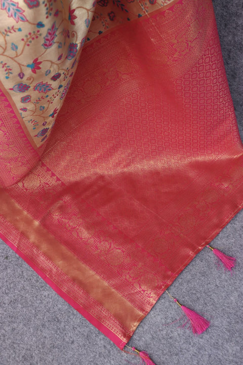 VastraLakshmi Efflorescence Beige Kanjivaram Silk Saree With Twirling Blouse Piece