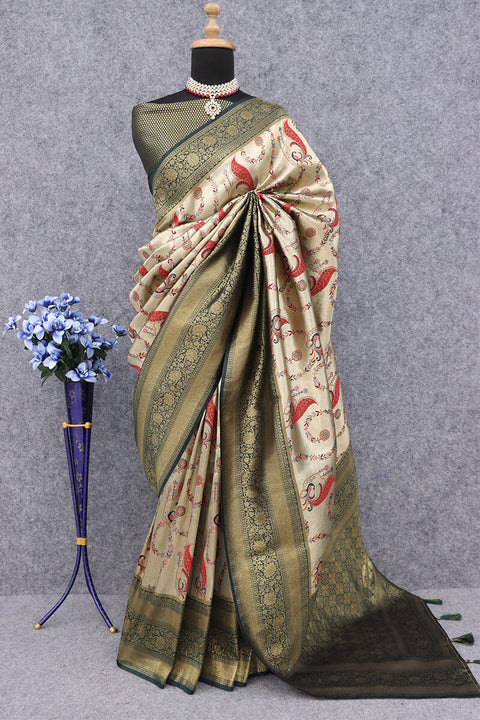 VastraLakshmi Sensational Beige Digital Printed Soft Silk Saree With Classy Blouse Piece