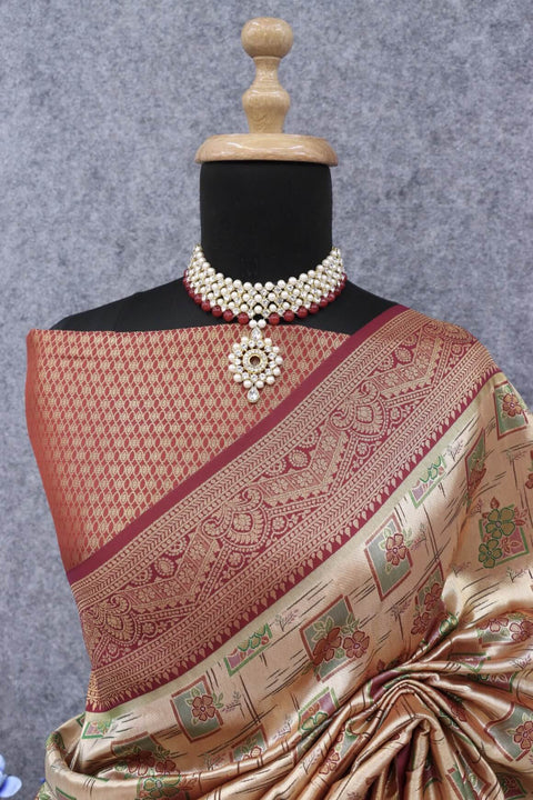 VastraLakshmi Elaborate Beige Kanjivaram Silk Saree With Snazzy Blouse Piece