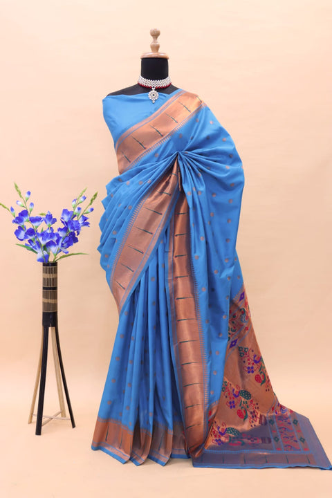 VastraLakshmi Girlish Firozi Paithani Silk Saree With Charming Blouse Piece