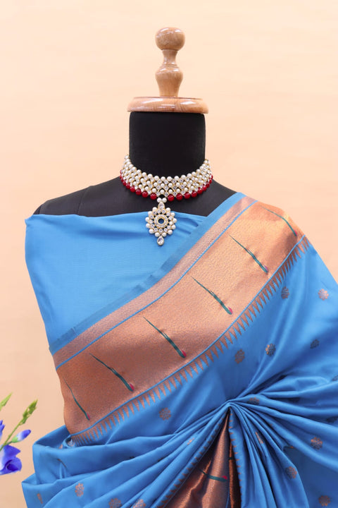 VastraLakshmi Girlish Firozi Paithani Silk Saree With Charming Blouse Piece