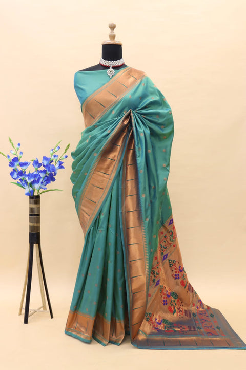 VastraLakshmi Ethnic Rama Paithani Silk Saree With Desirable Blouse Piece