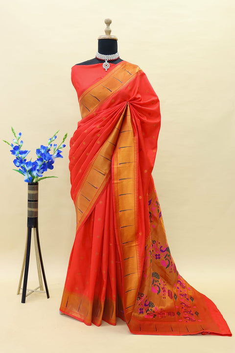 VastraLakshmi Assemblage Red Paithani Silk Saree With Forbearance Blouse Piece