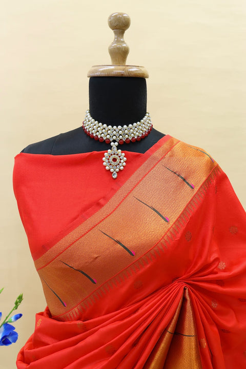 VastraLakshmi Assemblage Red Paithani Silk Saree With Forbearance Blouse Piece