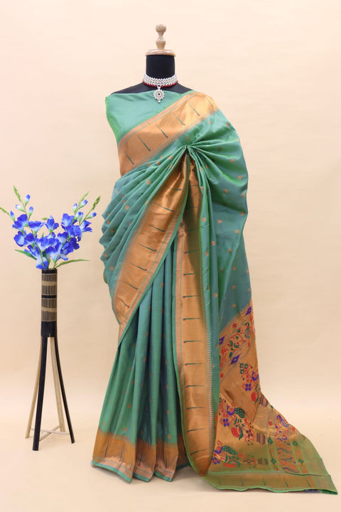 VastraLakshmi Petrichor Sea Green Paithani Silk Saree With Engaging Blouse Piece