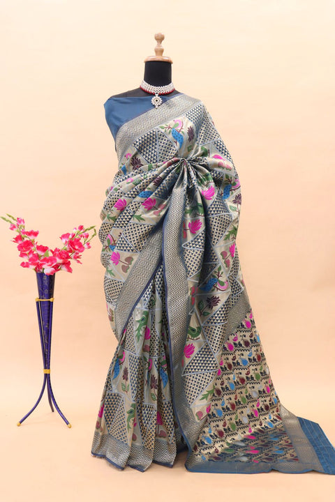 VastraLakshmi Desuetude Blue Paithani Silk Saree With Gossamer Blouse Piece