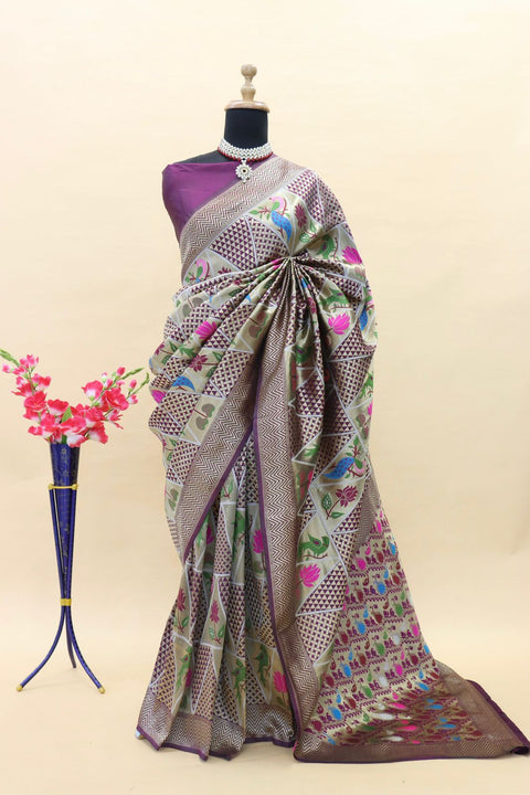 VastraLakshmi Fragrant Purple Paithani Silk Saree With Improbable Blouse Piece