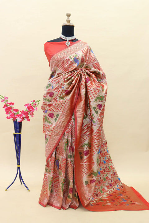 VastraLakshmi Splendiferous Red Paithani Silk Saree With Snappy Blouse Piece