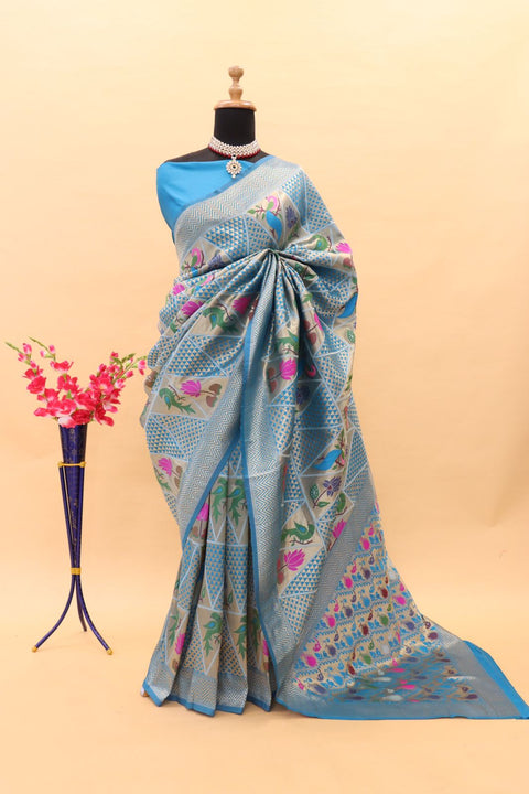 VastraLakshmi Imaginative Sky Paithani Silk Saree With Magnificat Blouse Piece