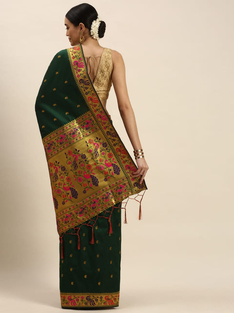 VastraLakshmi Demesne Dark Green Paithani Silk Saree With Evanescent Blouse Piece