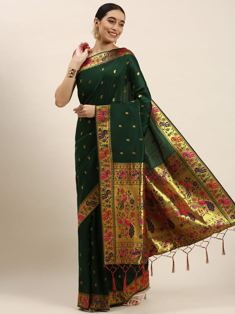 VastraLakshmi Demesne Dark Green Paithani Silk Saree With Evanescent Blouse Piece