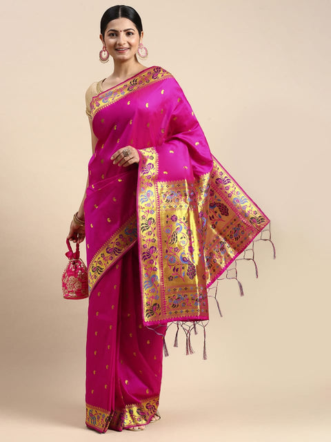 VastraLakshmi Scintilla Dark Pink Paithani Silk Saree With Serendipity Blouse Piece