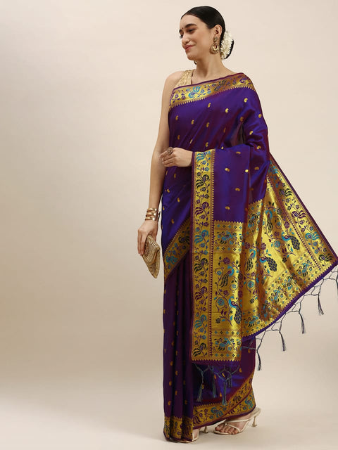 VastraLakshmi Unequalled Purple Paithani Silk Saree With Profuse Blouse Piece