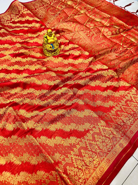 VastraLakshmi Desiring Red Organza Silk Saree With Adorable  Blouse Piece