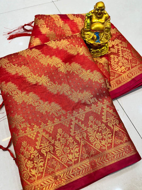 VastraLakshmi Desiring Red Organza Silk Saree With Adorable  Blouse Piece