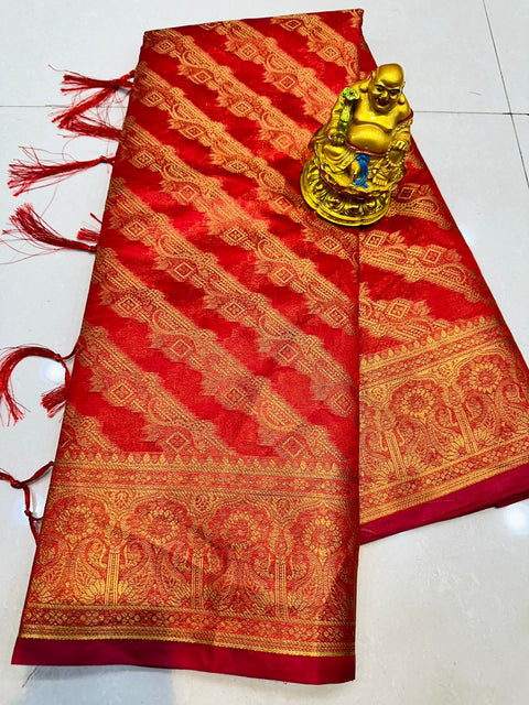 VastraLakshmi Diaphanous Red Organza Silk Saree With Panoply Blouse Piece