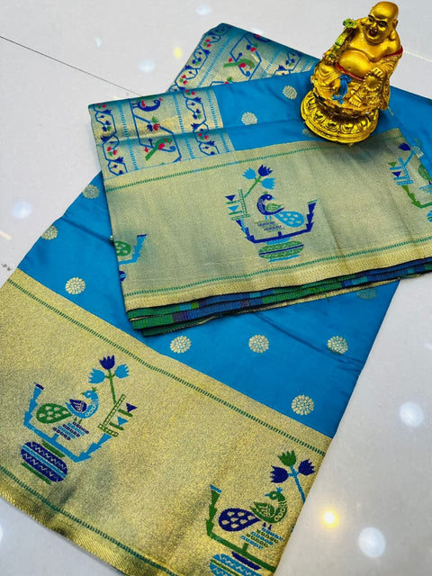 VastraLakshmi Majesty Firozi Paithani Silk Saree With Engrossing Blouse Piece